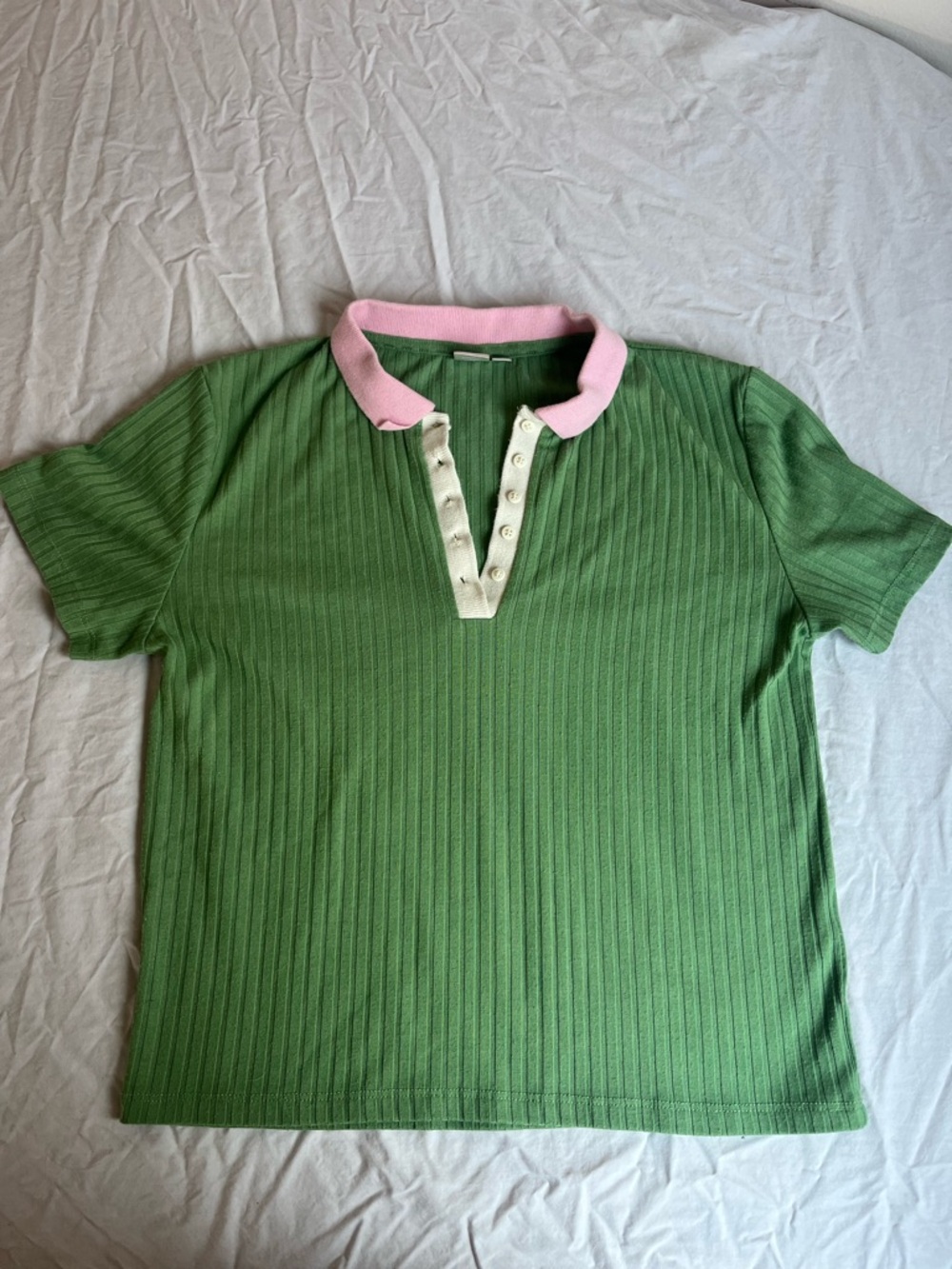 twik Green Ribbed Polo with Pink Collar